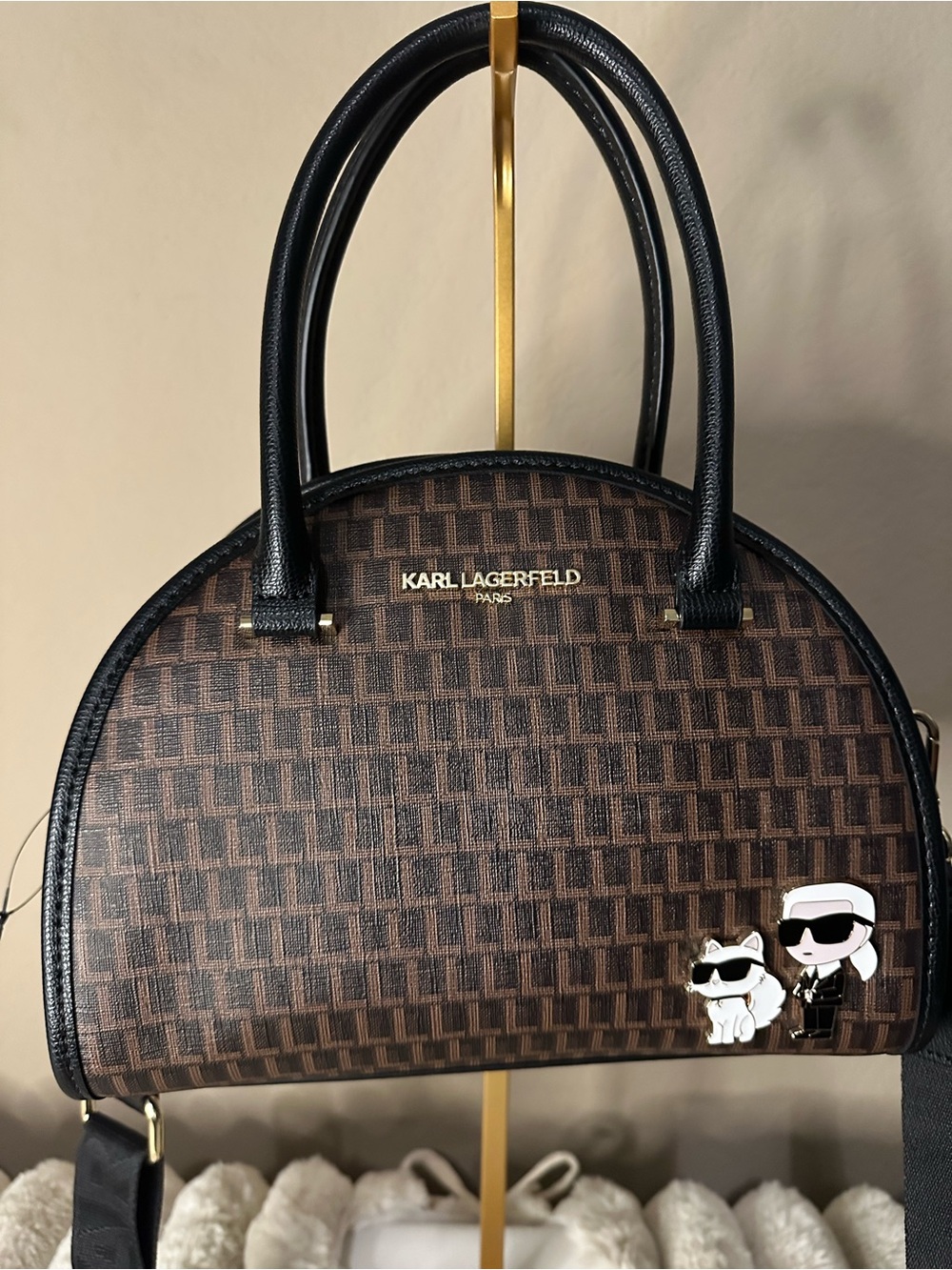 Karl Lagerfeld Brown & Black Monogram Dome Satchel NWT